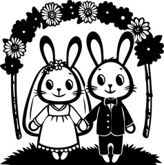 Cute bunny with flowers in a wedding illustration, SVG with clean lines. Cute Bunnies Surrounded by Floral Wreath Art Design