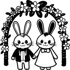Cute bunny with flowers in a wedding illustration, SVG with clean lines. Cute Cartoon Bunny Holding Flower Bouquet in Black and White
