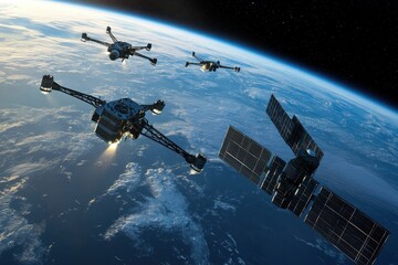 Spacecraft exploring Earth's orbit with satellites and drones in vast blue atmosphere