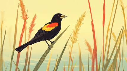 Elegant Red-Winged Blackbird Illustration Amidst Wild Grasses and Pale Sky