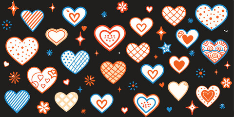 Collection of Ornate Hearts Pattern Orange Blue White on Black Background