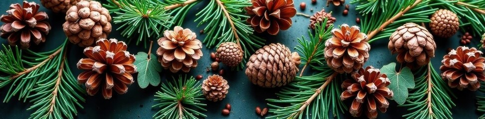 Rustic winter wallpaper, pine cones & evergreen branches arranged in a repeating pattern ,  botanical,  organic,  winter