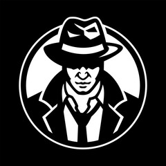 Silhouette of a man in a hat and a raincoat on a dark background.