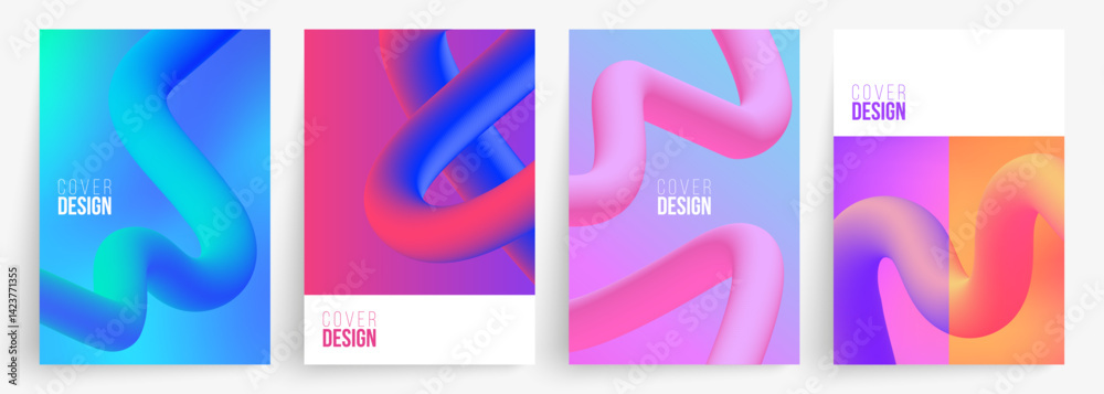 Poster Set of abstract covers. Futuristic abstract backgrounds. Dynamic 3d curved gradient shapes. Vector illustration.