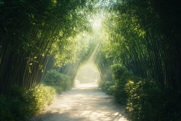 Obraz premium Serene pathway through a bamboo grove with sunlight filtering down