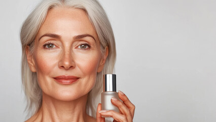 mature woman with healthy skin holding serum bottle
