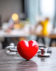 Red heart love shape hand exercise ball with doctor physician's stethoscope on an office desk in a medical: Hospital life insurance concept: World Heart Health Day. World Hypertension Day. MZ