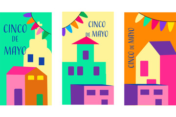 Colorful cinco de mayo celebration banners with festive buildings and decorations.