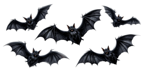 A group of eerie, flying black bats in various dynamic poses, perfect for Halloween decorations for easy integration into digital designs, invitations, or seasonal decor.
