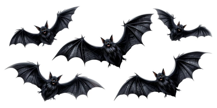 A group of eerie, flying black bats in various dynamic poses, perfect for Halloween decorations for easy integration into digital designs, invitations, or seasonal decor.