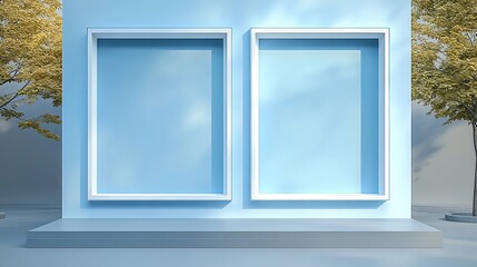 Empty square window frames on blue wall with shadows and tree reflections for mockup or background template