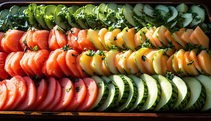 Fototapeta premium Colorful arrangement of fresh fruits on a wooden platter, showcasing vibrant slices of melons, cucumbers, and herbs in a sunny setting