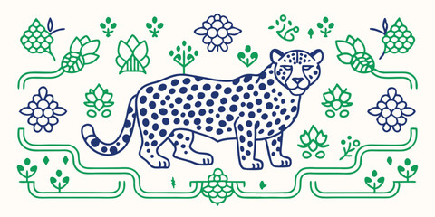 Stylized Cheetah Illustration with Green Floral Border Design Element