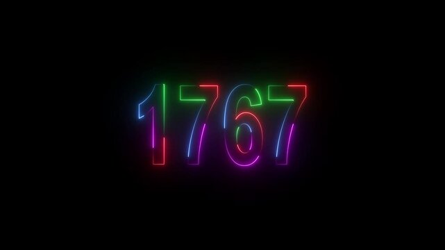 neon sign 1767 ,Four neon color Glowing neon number text background 4k video animation . 1767 title metal text on black alpha channel background