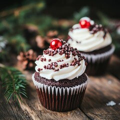 Festive cupcake decorations with rich frosting and holiday ornaments on a rustic wooden table during winter celebration