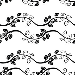 Seamless Black and White Floral Pattern with Wavy Vines and Leaves