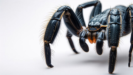 Macro Image Of A Black Spider With Hairy Legs On White Background
