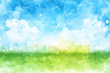 Fototapeta premium Watercolor landscape green grass and blue sky