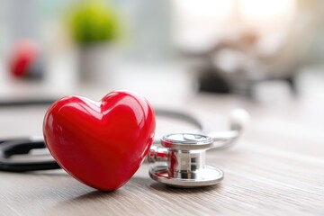Red heart love shape hand exercise ball with doctor physician's stethoscope on an office desk in a medical: Hospital life insurance concept: World Heart Health Day. World Hypertension Day. MZ