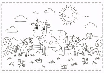 Three cows on a mountain, easy coloring page. Ready to print