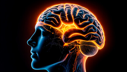 High-Tech Glowing Human Brain with Neural Connections – AI Concept Art Side View