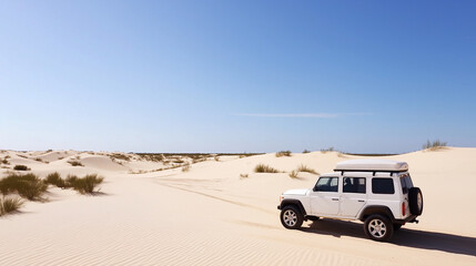 Aerial drone shot of 4x4 on dune, rooftop tent deployed, rolling sands meet sky, tire tracks mark terrain, lone cacti scattered, beige and blue tones highlight isolation and adventure