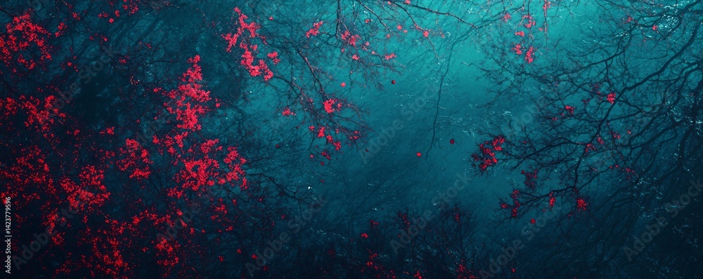 Poster red leaves falling from trees creating surreal magical atmosphere