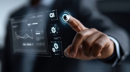 Businessman touching a digital screen with virtual icons of gears and symbols for artificial intelligence technology, an AI concept. The businessman is using a futuristic interface to control
