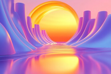Surreal Landscape Featuring Vibrant Sunset Over Fluid Waves
