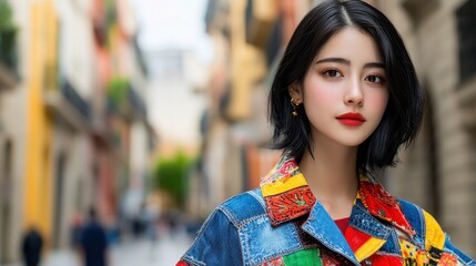 Recycled fashion, vintage and trends concept. A stylish young woman with a colorful jacket poses confidently in a vibrant urban setting.