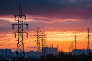 Silhouette of High-voltage power lines and high-voltage towers at sunset with the city in the background. Electric energy concept. MZ 