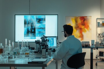 Scientist conducting research in a modern laboratory setting with colorful artwork