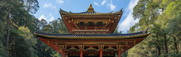 Fototapeta premium Ornate traditional Japanese architecture with detailed roof design surrounded by trees