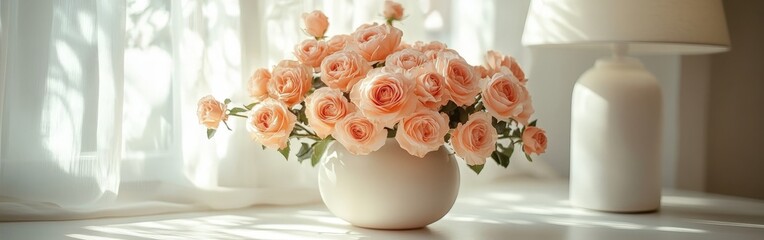 Elegant Pink Roses in a Simple White Vase with Soft Lighting