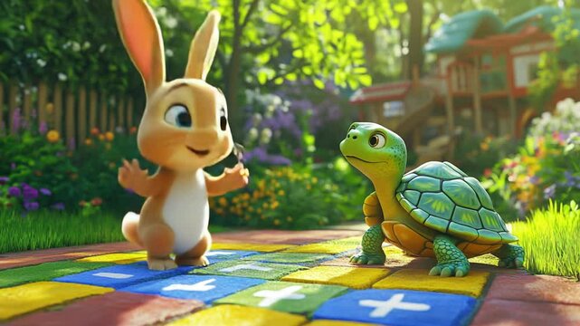 Animated rabbit and turtle engage in playful outdoor game with vibrant garden backdrop