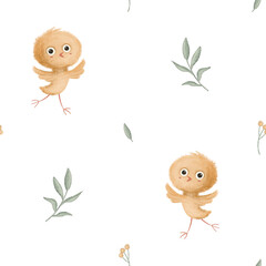 Adorable baby chick pattern on white background.
Seamless watercolor design featuring floral, leaves.
Perfect for spring, nursery, or holiday decoration.