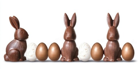 Three chocolate Easter bunnies with white and brown eggs on the right side, on an isolated background, in banner format, ultra-realistic photography, detailed texture, stock photo style.