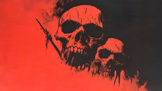 Two menacing skulls amidst a vibrant red background.