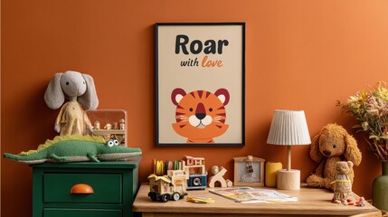 Vibrant orange wall with an illustrated tiger poster, placed above the wooden desk in the nursery room. The artwork features bold colors and simple shapes of a tiger's head.