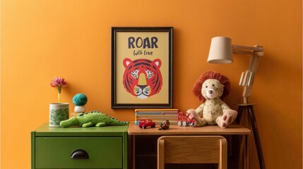 Vibrant orange wall with an illustrated tiger poster, placed above the wooden desk in the nursery room. The artwork features bold colors and simple shapes of a tiger's head.