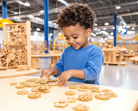 Happy toddler playing with wooden gears at a play center