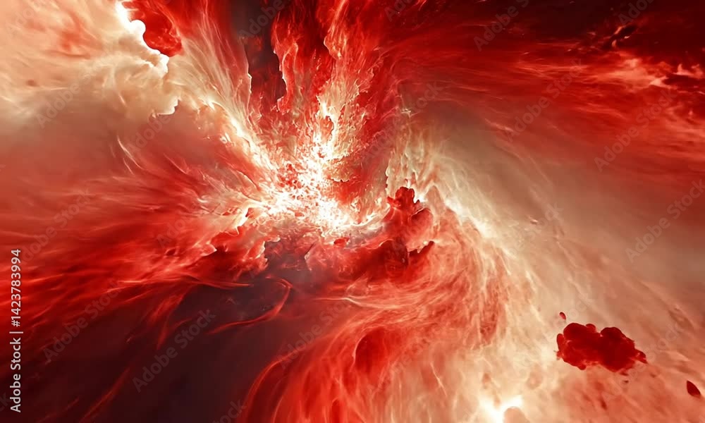 Poster bright red background with glowing shimmering particles in motion made with generative ai technology