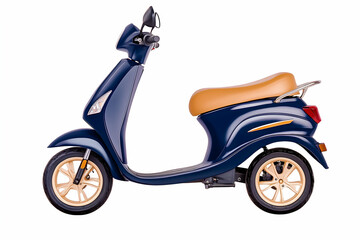 Navy blue electric scooter with tan seat, gold rims, isolated on white