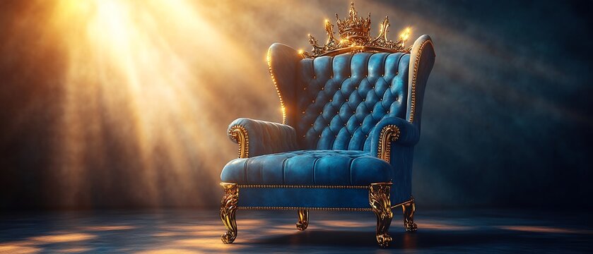 Ornate blue throne chair with golden crown and candles under dramatic lighting