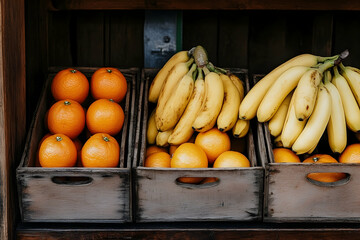 Fresh oranges and bananas displayed in rustic wooden crates at a market stall