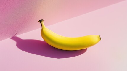 Vibrant yellow banana casting shadow against a pink geometric background
