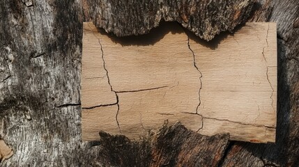 Photo of a piece of wood with visible cracks and an empty paper cutout on top, set against the backdrop of natural tree bark. Web banner style.