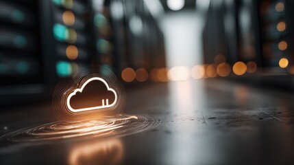 Cloud Computing in Server Room Concept. Digital Cloud Icon Symbolizing Cloud Computing in Modern Data Center with Server Racks and Blurred Lights