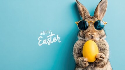 Happy Easter concept, a funny rabbit wearing sunglasses and holding a yellow Easter egg against a blue background, with copy space for text, suitable for a banner design.
