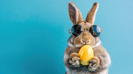 Happy Easter concept, a funny rabbit wearing sunglasses and holding a yellow Easter egg against a blue background, with copy space for text, suitable for a banner design.